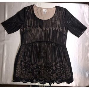 Maternity Motherhood Blouse Black Lace Peplum Lined Short Sleeve Size Medium